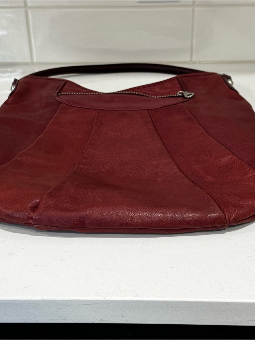 Christopher Kon Maroon Leather Hobo Bag - Pleated Slouchy Shoulder Purse - Picture 13 of 15